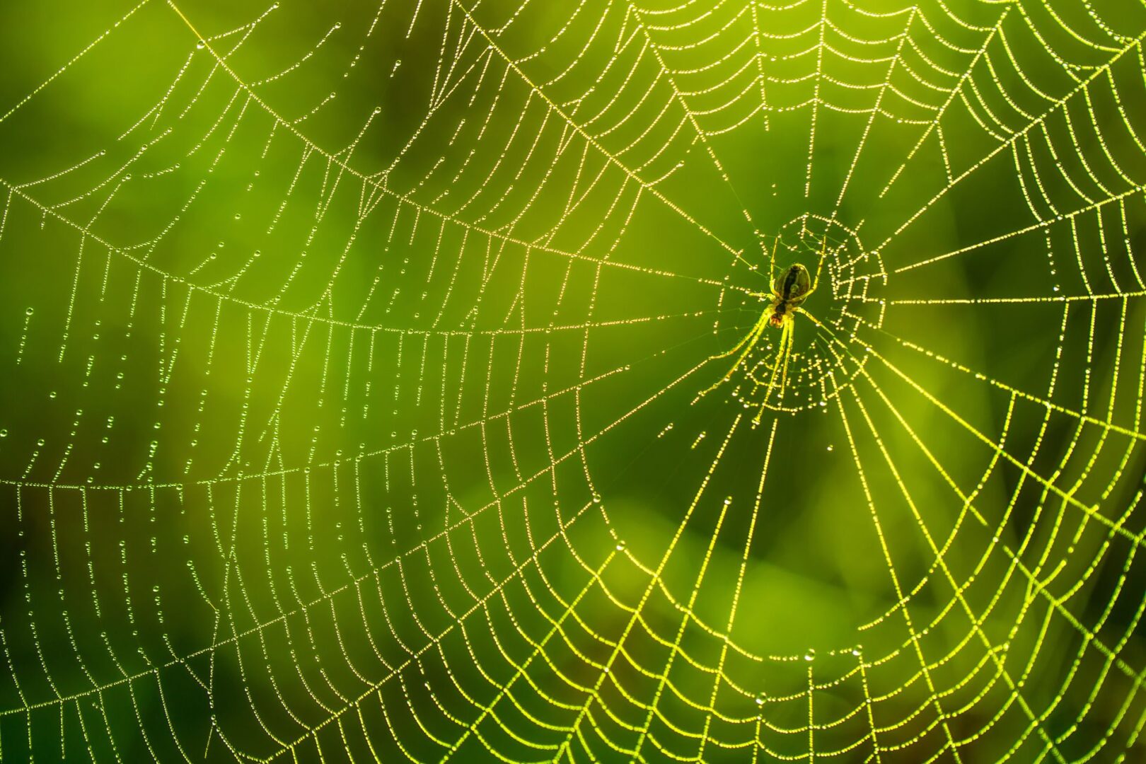 Morning drops of dew in a spider web. Cobweb in dew drops. Beautiful colors in macro nature.